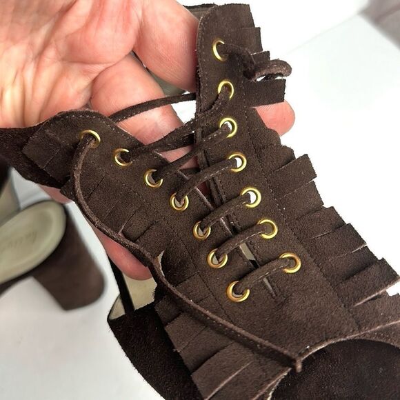 Bettye Muller Brown Suede High Heels Sandals Lace Up with Fringes Italy 40 US 10 - Picture 7 of 15